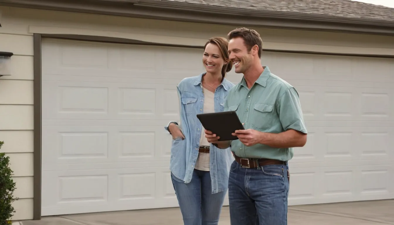 Homeowner checking a garage door track while a local provider looks over the door near East Bethel